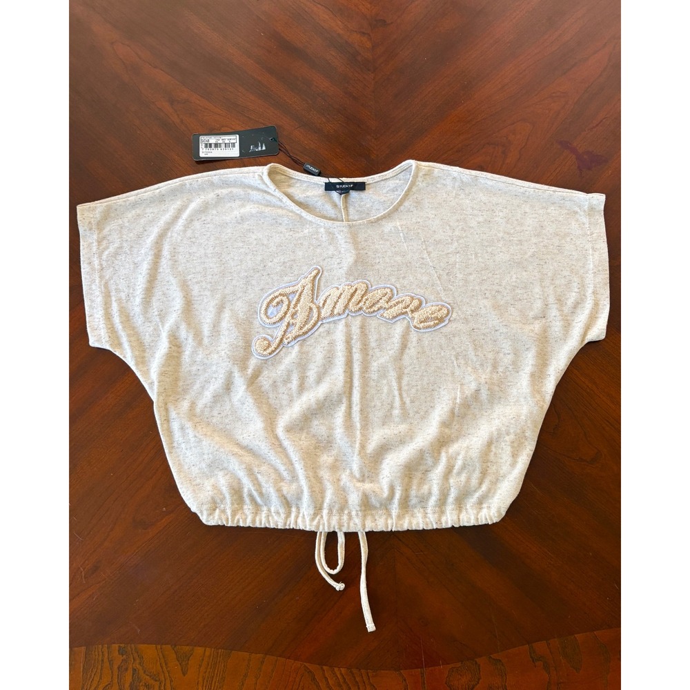 NWT Studio F Amore Graphic Top XS Beige Tan Embroidered Crop Drawstring Womens